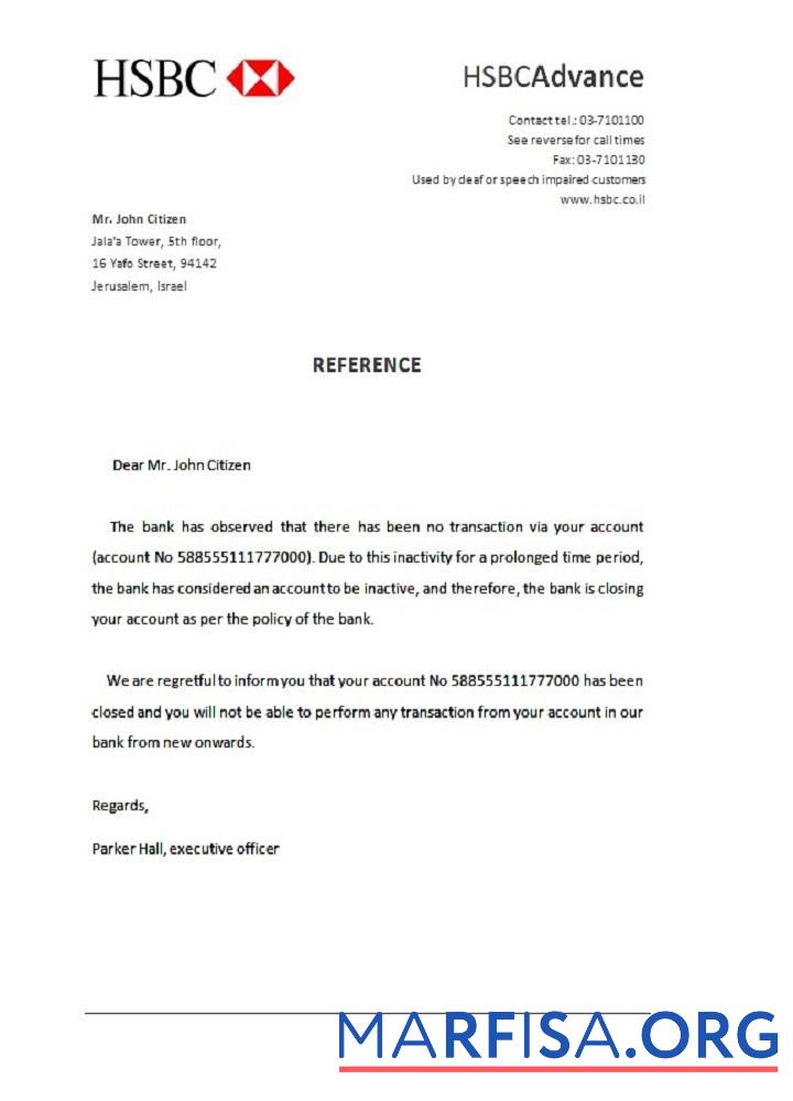 Downloadable Israel HSBC closure reference real example